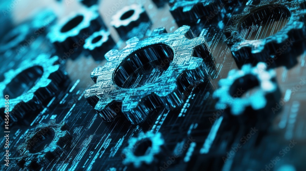 Gears Interlock in a Digital Network Close Up Macro Abstract Perspective Blue Tones Illustrating Technology Innovation and Engineering Concepts