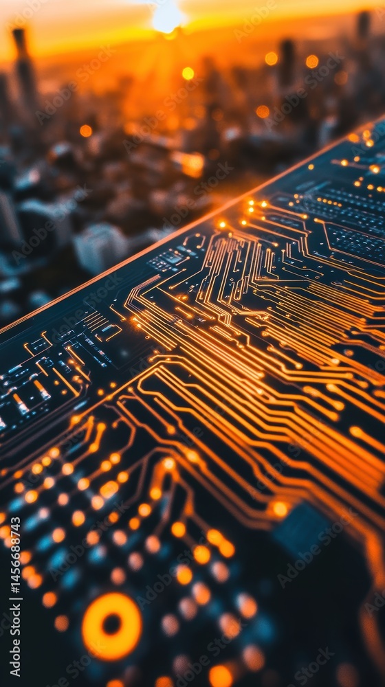 Circuit Board Glows Above Cityscape at Sunset Close Up High Tech Innovation Concept