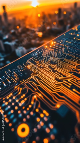 Circuit Board Glows Above Cityscape at Sunset Close Up High Tech Innovation Concept