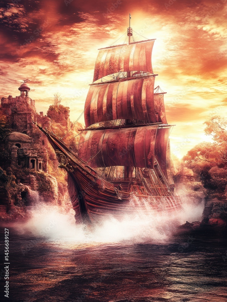 Majestic Ship Sails Through Turbulent Seas at Sunset Near Ancient Coastal City Ruins