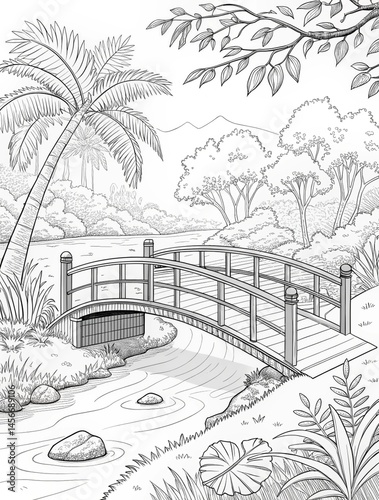 River Bridge in Forest Coloring Sheet for Kids