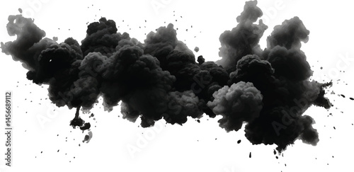 Explosive Black Powder and Smoke Cloud Expanding in an Organic, Fluid Motion, Resulting 
in a Powerful and Dramatic Abstract Visual Display on White
