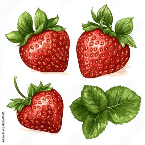 Fresh Strawberries Still Life Illustration on White Background Close Up View of Ripe Red Berries with Green Leaves
