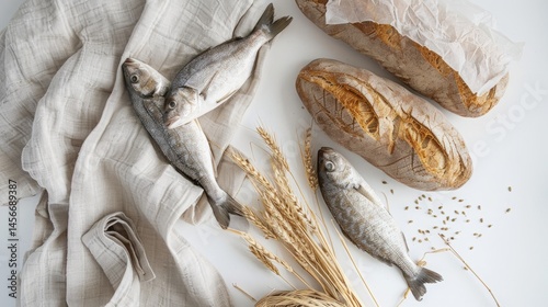 Loaves and fish on a white background flat lay product photography biblical parable