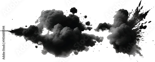 Explosive Black Powder and Smoke Cloud Expanding in an Organic, Fluid Motion, Resulting 
in a Powerful and Dramatic Abstract Visual Display on White
