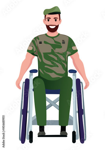 Disabled man army veteran in camouflage uniform sitting in wheelchair. Wounded soldier, military rehabilitation, veterans support concept. Vector illustration.