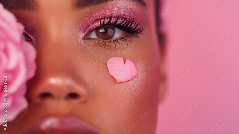 Black woman with pink eyeshadow and delicate rose petal on cheek portrait image closeup. Flower makeup female close-up photography human scene. Beauty fashion concept photo-realistic