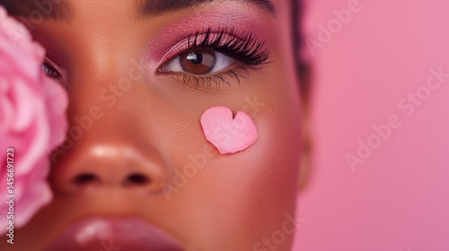 Obraz na płótnie Black woman with pink eyeshadow and delicate rose petal on cheek portrait image closeup. Flower makeup female close-up photography human scene. Beauty fashion concept photo-realistic w salonie