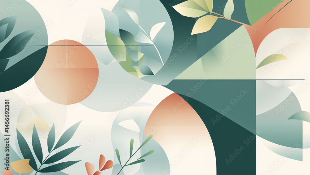 Naklejka premium Abstract botanical illustration with geometric shapes and natural color pallette creates modern artwork