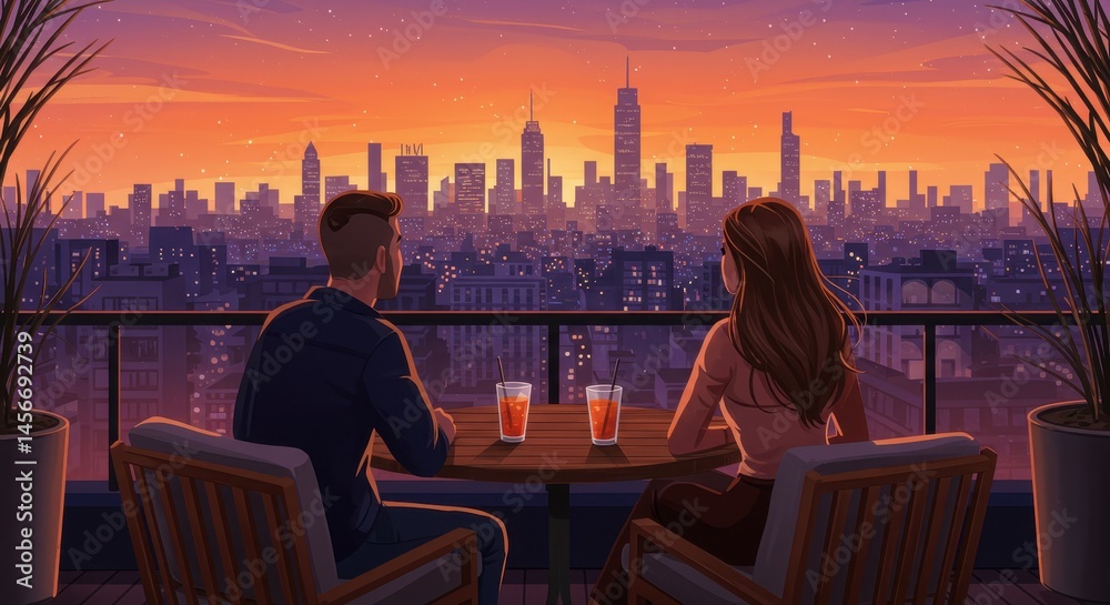 Fototapeta premium Romantic Rooftop Sunset in New York City: A Couple's Serene Evening