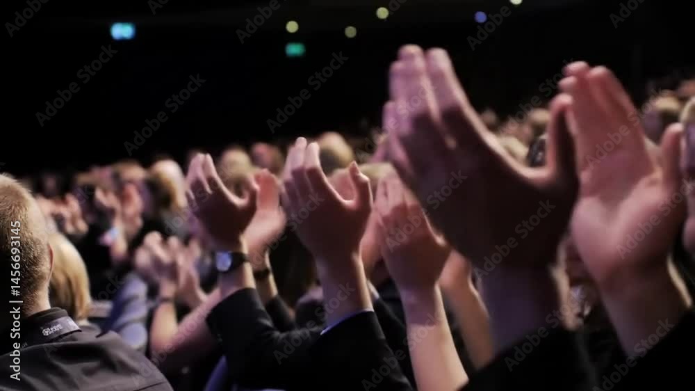 Close Up on Hands of a Crowd of People Clapping in Dark Conference Hall During a Motivational Keynote Presentation. Business Technology Summit Auditorium Room Full of Delegates