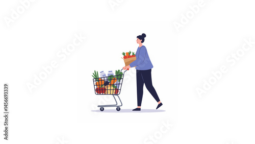 Shopper with cart full of vegetables in grocery store