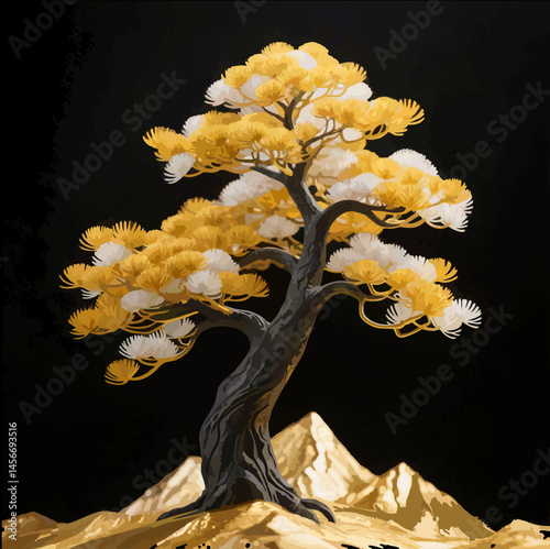 Ilustrasi abstrak Hutan Pohon Emas dengan Pegunungan Emas Putih dalam Ilustrasi Lanskap 3D yang Elegan
