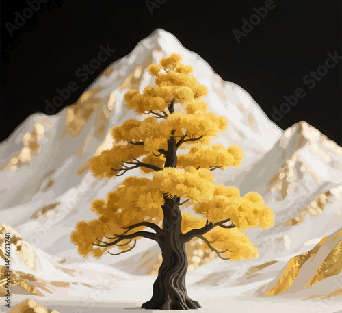 Ilustrasi abstrak Hutan Pohon Emas dengan Pegunungan Emas Putih dalam Ilustrasi Lanskap 3D yang Elegan