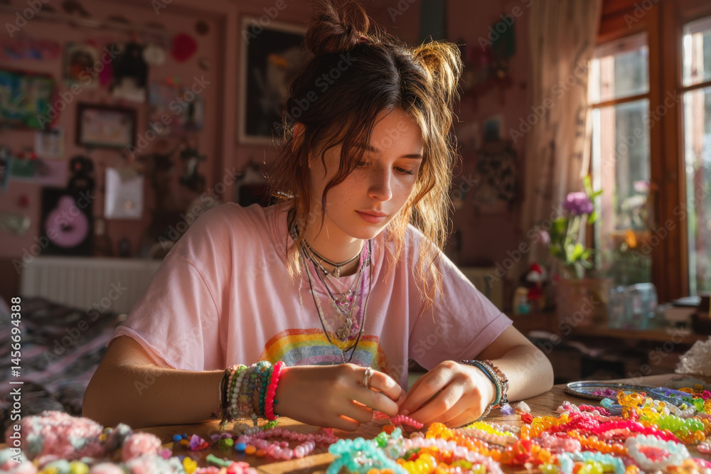 Fototapeta premium Woman focused on painting a vibrant floral pattern on a canvas.