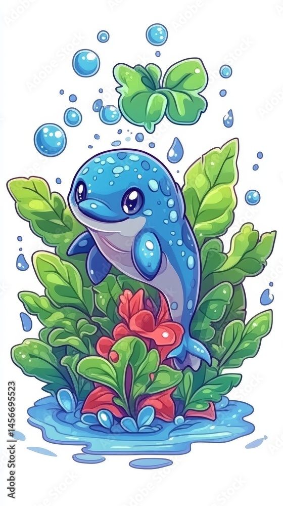 Adorable Blue Dolphin Cartoon Character Swimming in Water with Green Plants and Bubbles Cute Illustration