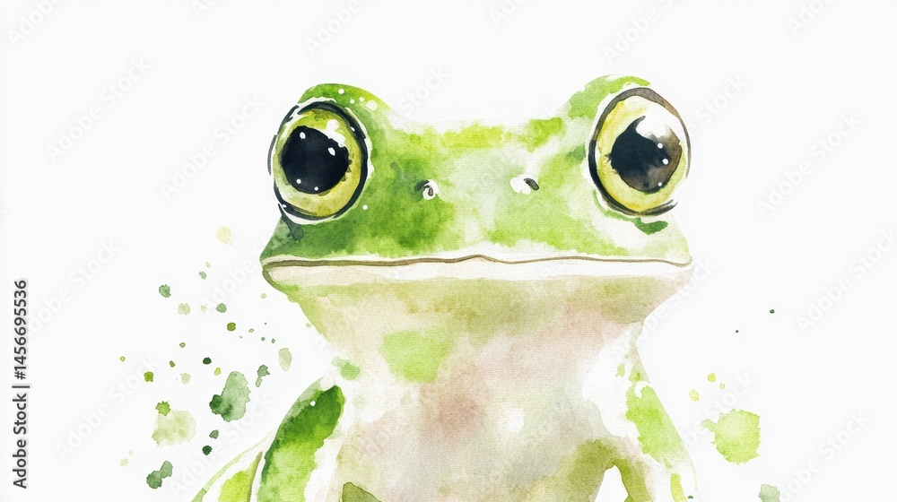 Up Close Watercolor Painting of a Green Tree Frog with Big Eyes Looking Forward on White Background