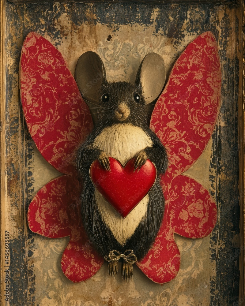 Whimsical Mouse with Butterfly Wings Holding a Red Heart on an Ornate Background Image