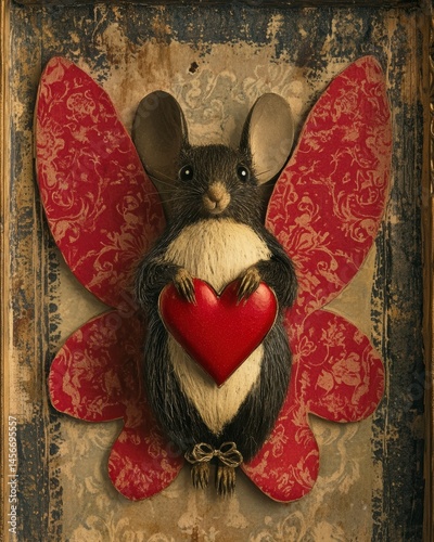 Obraz na płótnie Whimsical Mouse with Butterfly Wings Holding a Red Heart on an Ornate Background Image w salonie