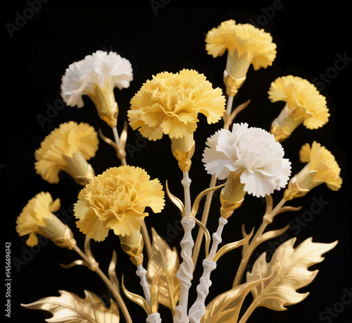 An abstract illustration of Elegant Yellow and White Carnations with Gold Leaves on a Black Background