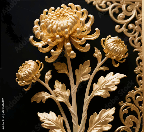 An abstract illustration of Golden Chrysanthemums on a Dark Background in Decorative 3D Style