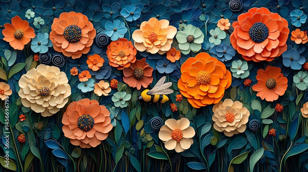 Intricate Paper Flower Arrangement with a Honeybee Illustrative Image Featuring Bees and Flowers with Vibrant Colors and Texture on a Dark Background in Close Up View featuring Handcrafted Artisan Intricate Paper Flower Arrangement with a Honeybee Illustrative Image Featuring Bees and Flowers with Vibrant Colors and Texture on a Dark Background in Close Up View featuring Handcrafted Artisan