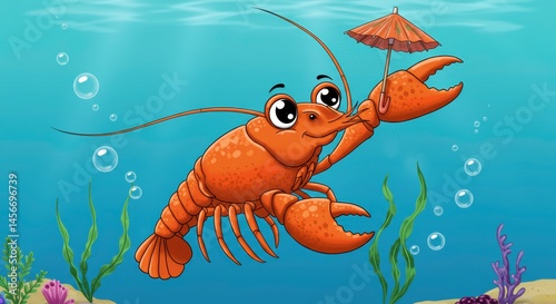 Adorable lobster enjoys an underwater stroll under its parasol a charming ocean scene