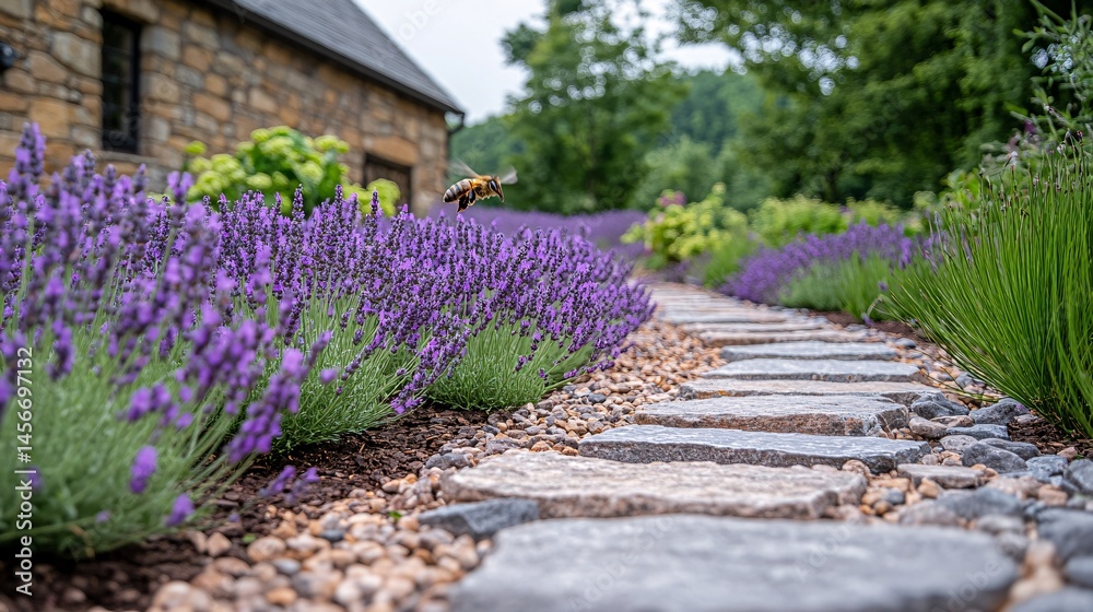 Obraz premium Purple Lavender Field with Stone Path and Flying Bee