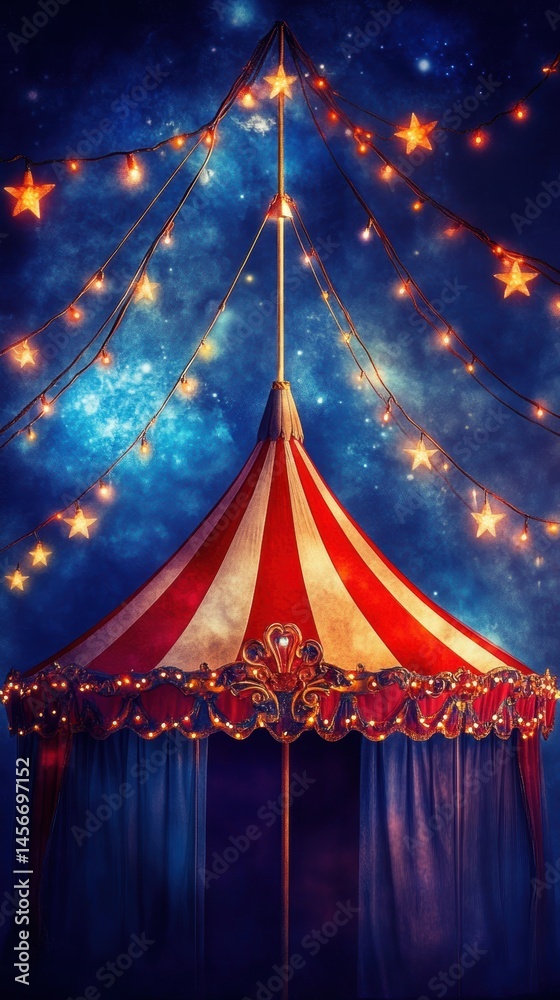 Dreamy Circus Tent with Star Lights against Night Sky Whimsical Festive Atmosphere Magical Carnival Celebration Artistic Illustration