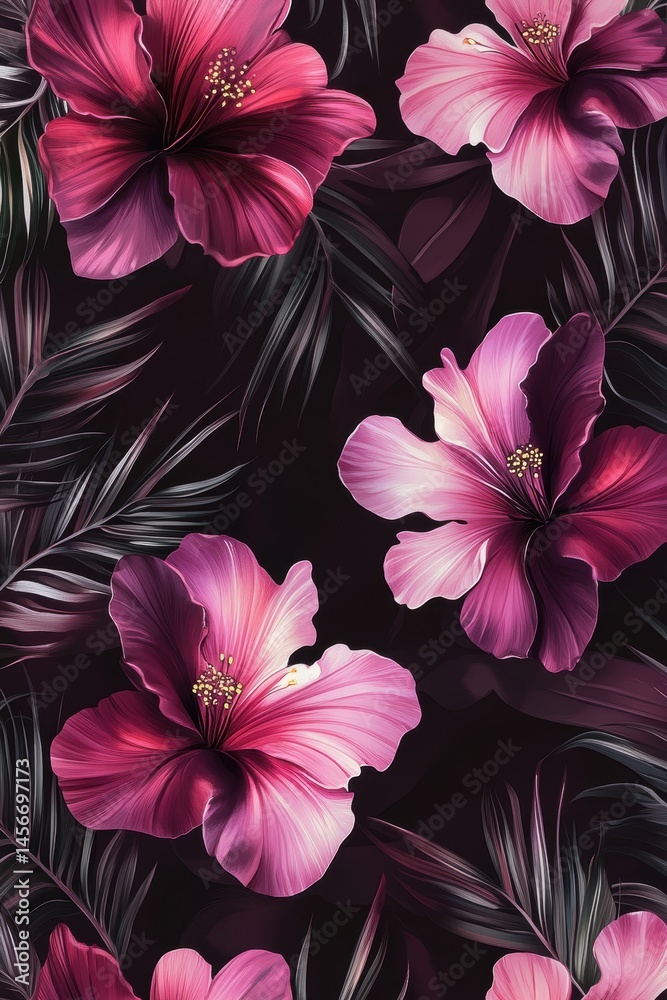 Dramatic Hibiscus Floral Pattern Artwork Featuring Pink and Purple Flowers with Dark Leaves Artistic Style