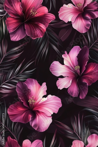 Obraz na płótnie Dramatic Hibiscus Floral Pattern Artwork Featuring Pink and Purple Flowers with Dark Leaves Artistic Style w salonie