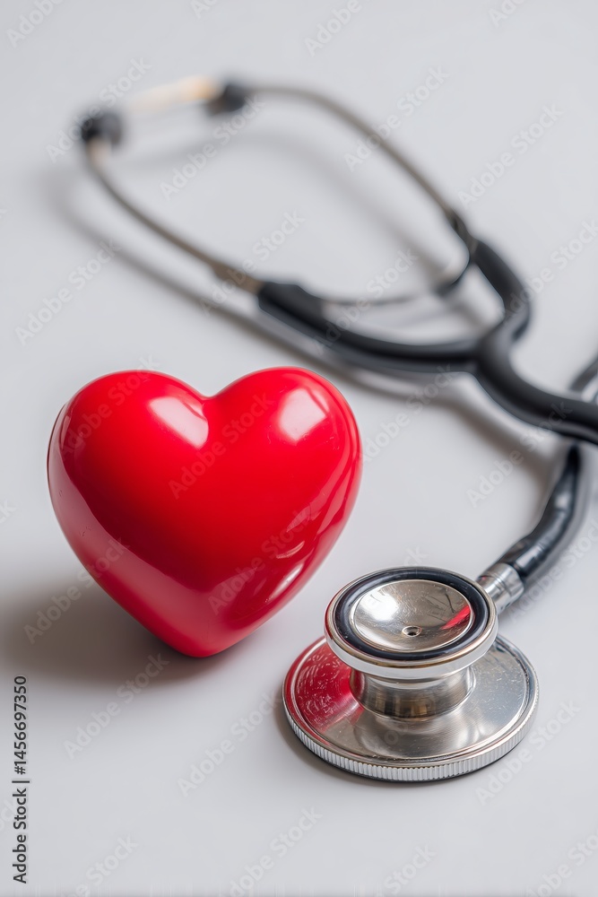 Healthy heart symbol with red heart stress ball and stethoscope on white background Healthy heart symbol with red heart stress ball and stethoscope on white background