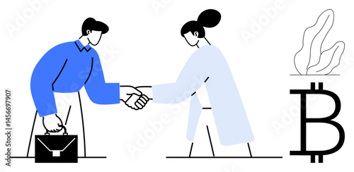 Two business professionals shaking hands in agreement briefcase, cryptocurrency symbol, plant. Ideal for finance, investments, blockchain, business agreements, partnerships, fintech simple landing