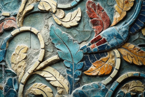 Intricate mosaic artwork featuring stylized leaves and floral patterns in varying shades of blue, red, yellow, and beige.