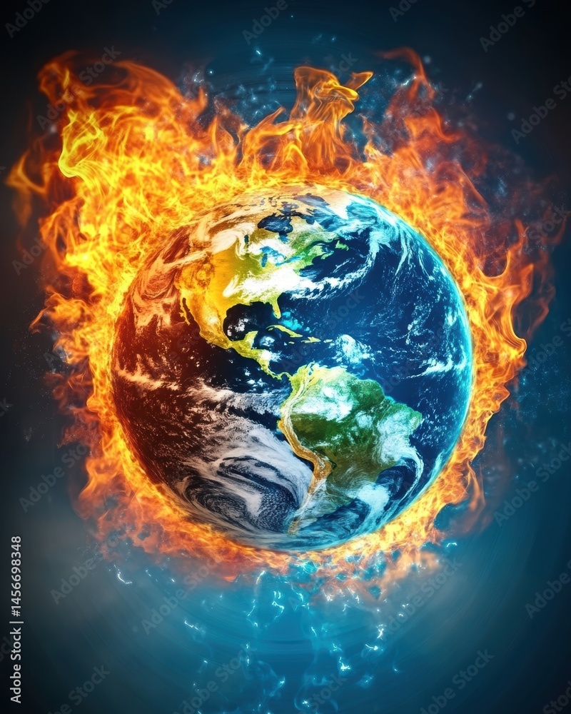 Earth engulfed in flames digital art depicting global warming climate change crisis from space view