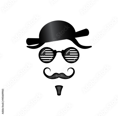 3D abstract american gentleman character with hat, moustache, usa flag glasses set. Vintage man face concept vector to use for independence day, memorial day design projects.