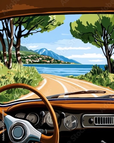 Driving along scenic coastal road with vintage car interior view of mountains and sea illustration