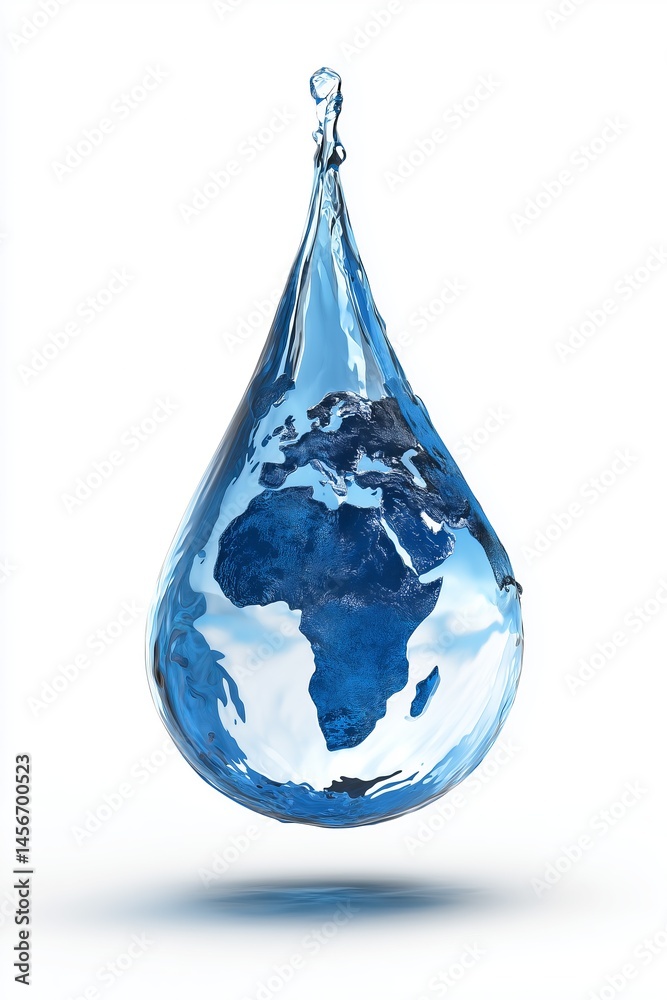 Fototapeta premium Blue water droplet transforming into Earth silhouette on a white background