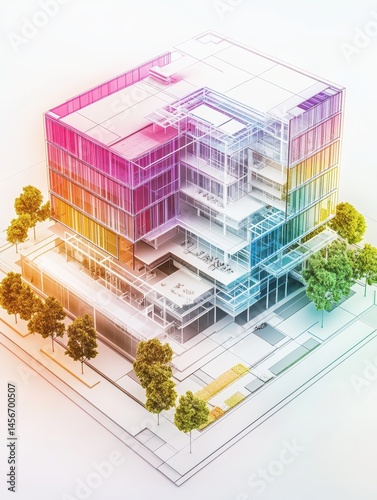 Obraz na płótnie Architectural model of modern office building with glass facade and colorful accents isometric view w salonie