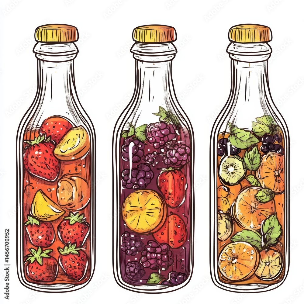 Three bottles of fruit infused water, illustration style, strawberry blackberry citrus flavors, healthy beverage