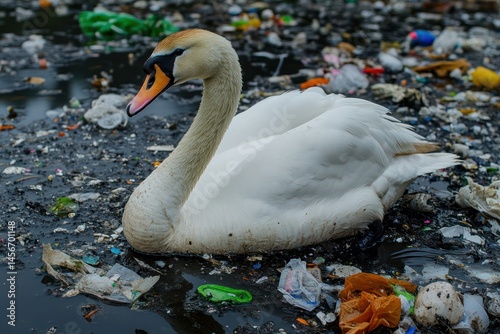 Fototapeta Naklejka Na Ścianę i Meble -  White swan glides through polluted plastic-filled lake
