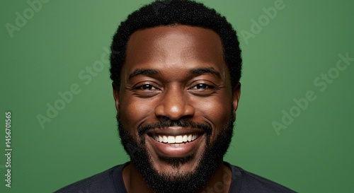 Portrait of African American man radiating positivity and joy against green background