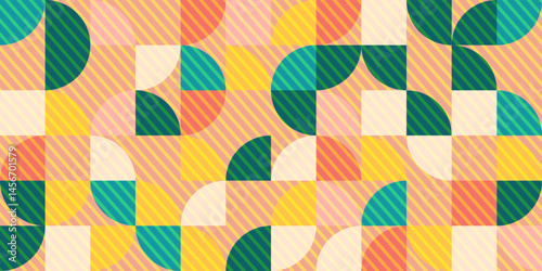Colorful geometric leaf pattern background. Modern geometric pattern featuring overlapping semi-circles and leaf-like shapes. Use for in branding, packaging or digital design projects.