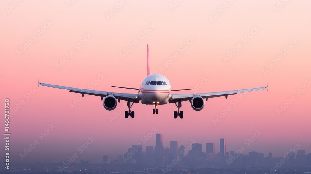 Fototapeta premium A commercial airplane approaches a city airport at sunset, with a colorful sky and urban skyline in the background.