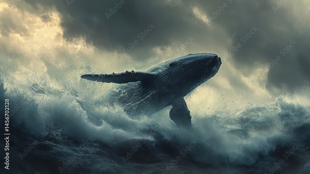 Fototapeta premium Whale breaching stormy ocean