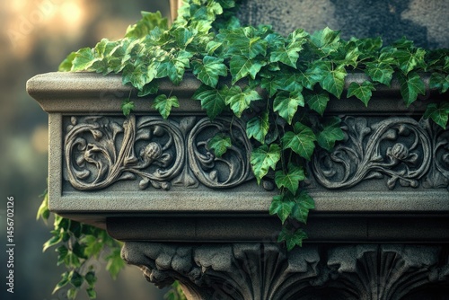 Intricate stone carving adorned with vibrant green ivy, showcasing nature's embrace of architecture.