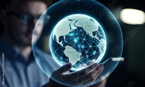 Global digital connectivity animation video. Futuristic globe of interconnected nodes network rotating over phone in man hand animated footage clip HD motion graphics. Technology concept