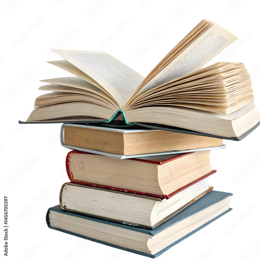 Stack of Books: Open Book on Top of a Pile of Books isolated on transparent background Stack of Books: Open Book on Top of a Pile of Books isolated on transparent background