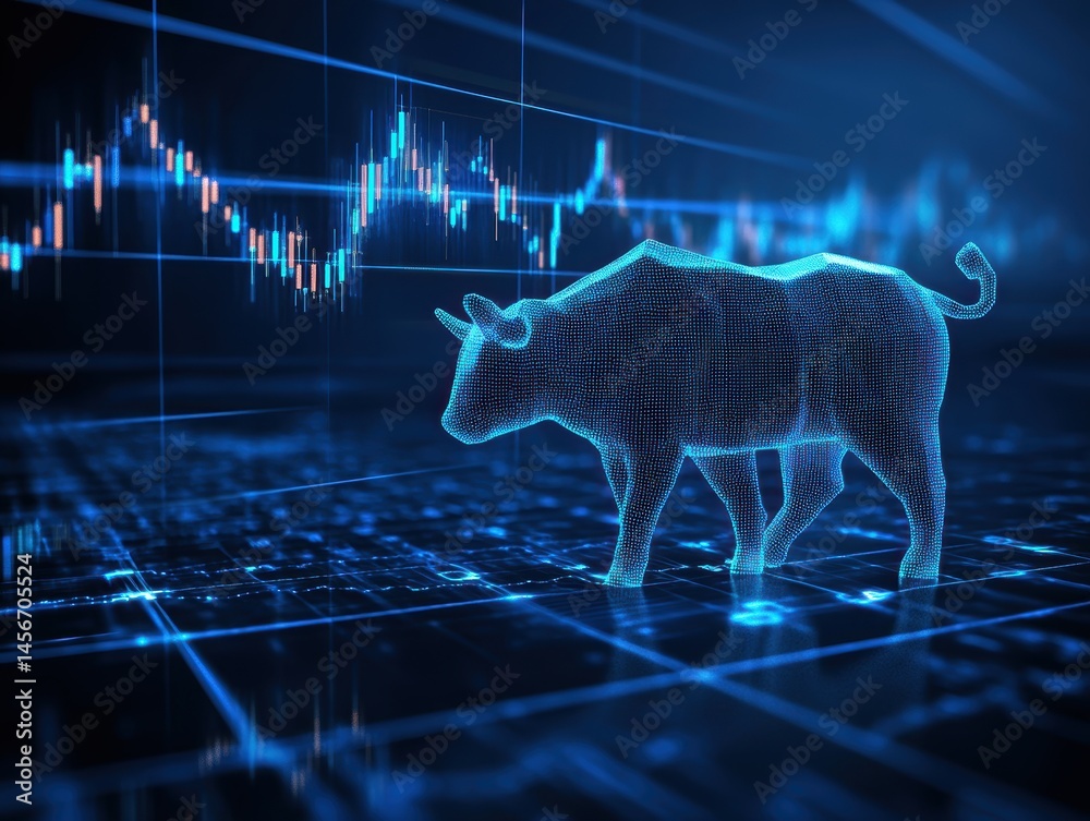 Digital Bull Market Concept with Stock Chart Background and Blue Tech Grid Illustration