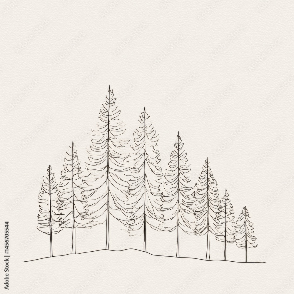 Obraz premium Minimalist Pine Tree Forest Illustration on Textured Background - Simple Line Art for Nature, Outdoors, and Design Projects